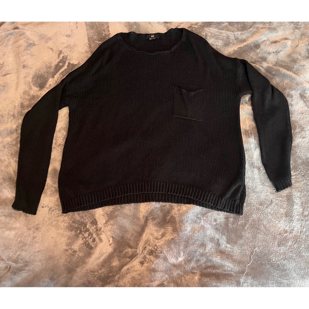 HM See Thru Black Shaker Knit Oversized Sweater Long Sleeve Chest Pocket Small